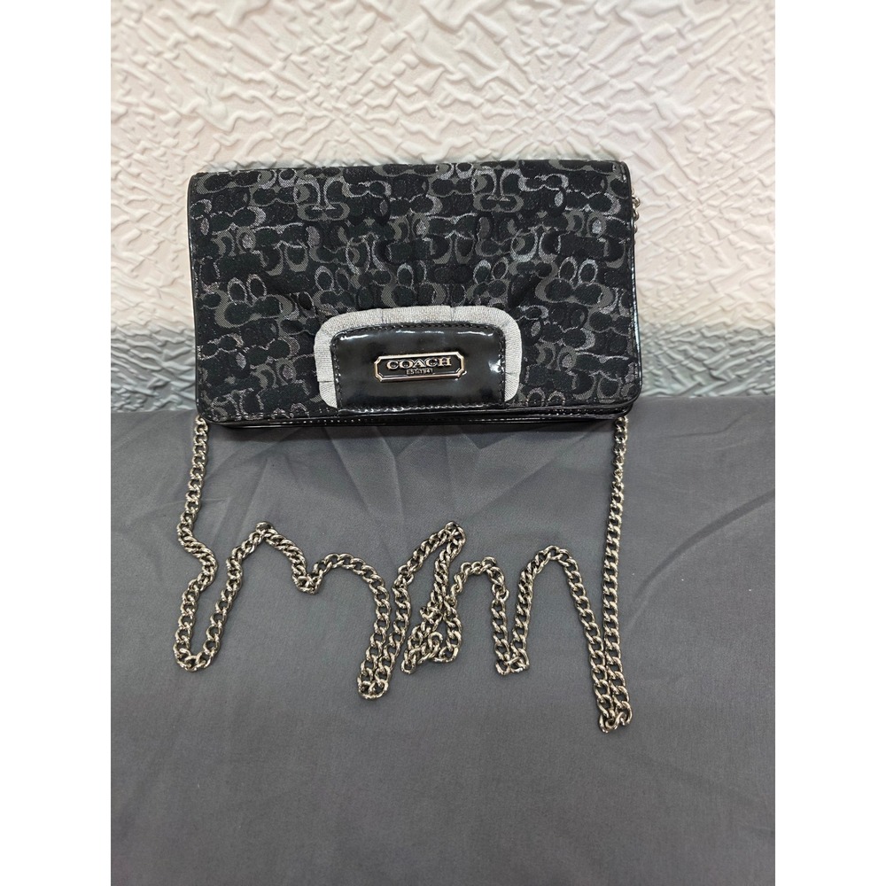 Coach Signature Lurex Optic Clutch Crossbody Womens Small Black Silver